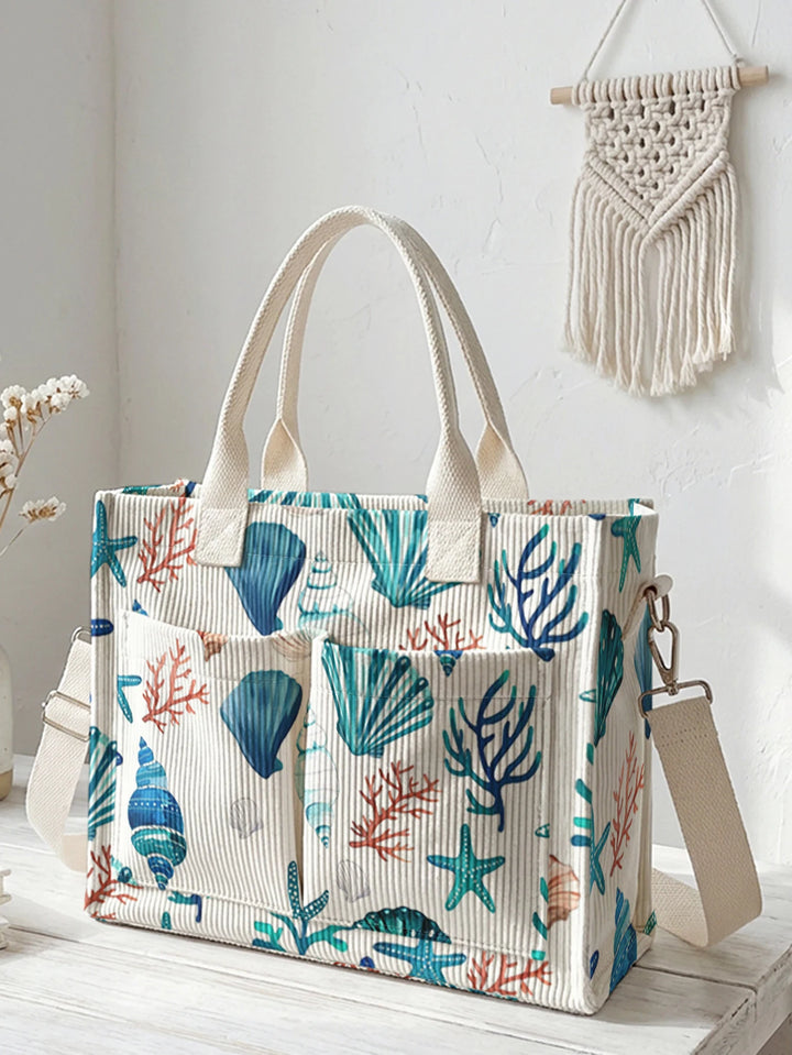 Sac fourre-tout en velours côtelé imprimé de la vie marine de l'océan Aquarelle Grande capacité Multi Poche Amoureux de la Plage Commutateur Sac à bandoulière