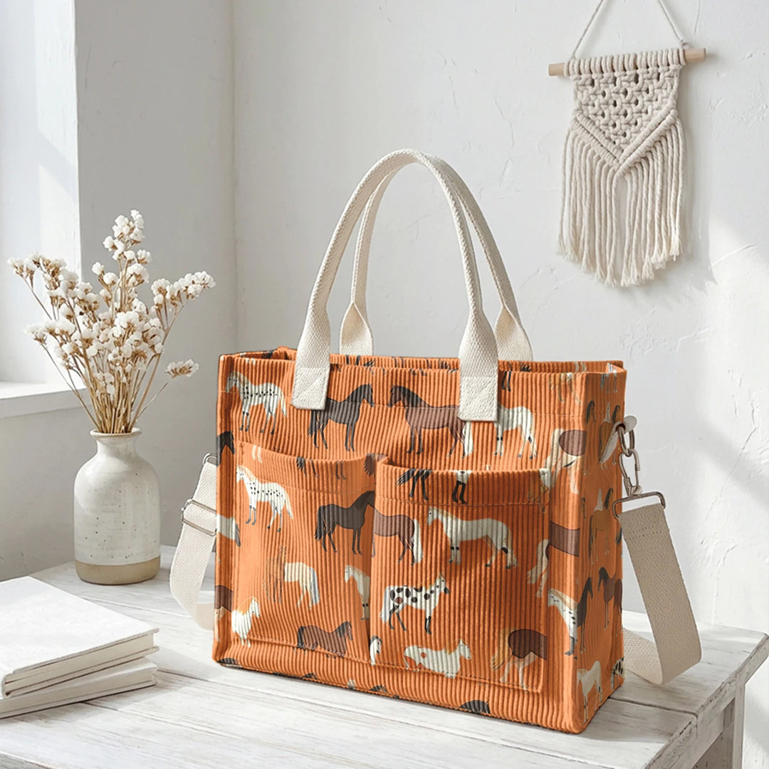 Sac en velours côtelé avec imprimé de chevaux, grande capacité, plusieurs poches, sac à bandoulière pour cavaliers et navetteurs