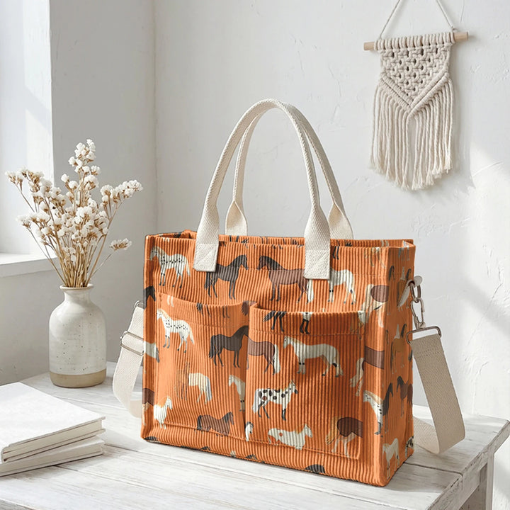 Sac en velours côtelé avec imprimé de chevaux, grande capacité, plusieurs poches, sac à bandoulière pour cavaliers et navetteurs