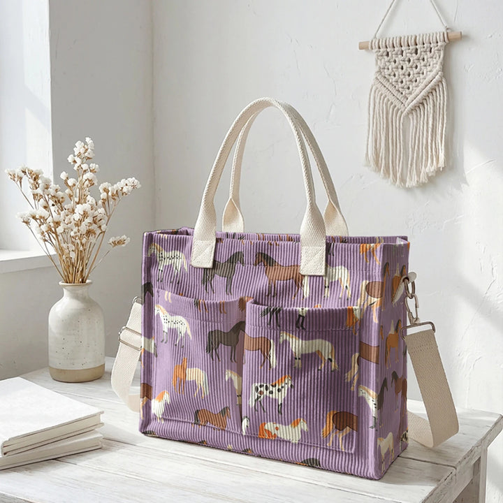 Sac en velours côtelé avec imprimé de chevaux, grande capacité, plusieurs poches, sac à bandoulière pour cavaliers et navetteurs