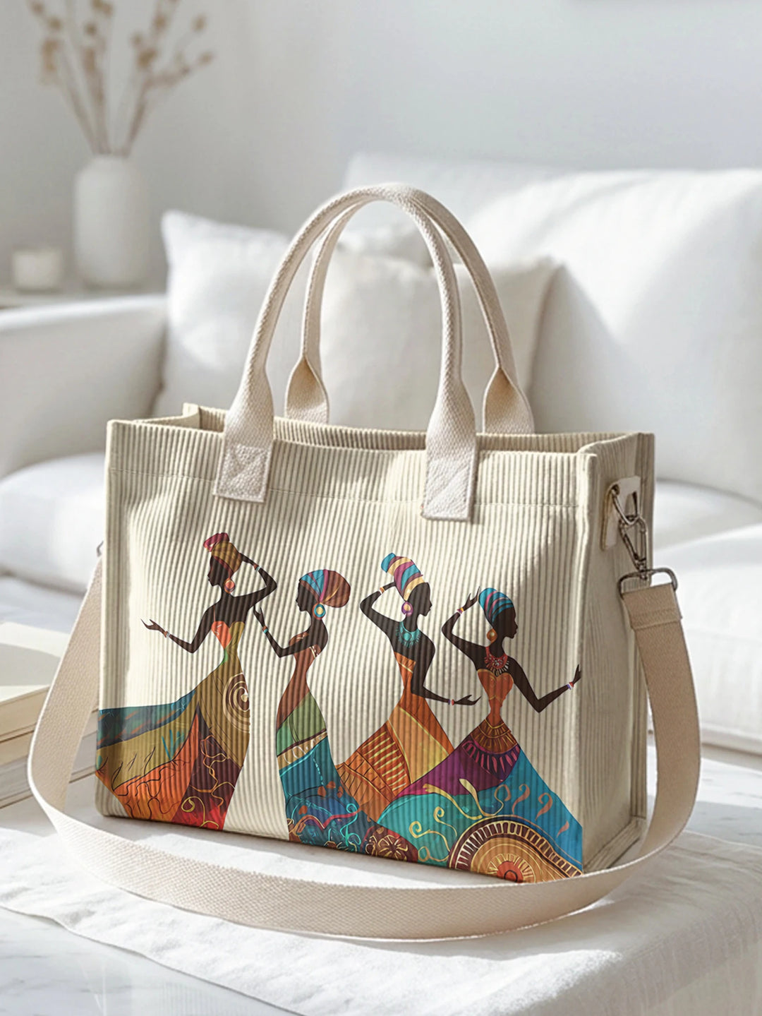 Impression d'art tribal de femmes africaines sac en velours côtelé grande capacité multi-poches sac à bandoulière ethnique