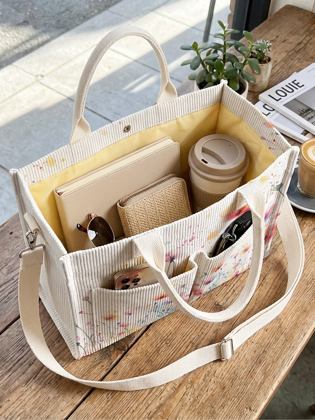 Sac à bandoulière en velours côtelé imprimé de fleurs sauvages en dégradé aquarelle grande capacité multi-poches amoureux de la nature