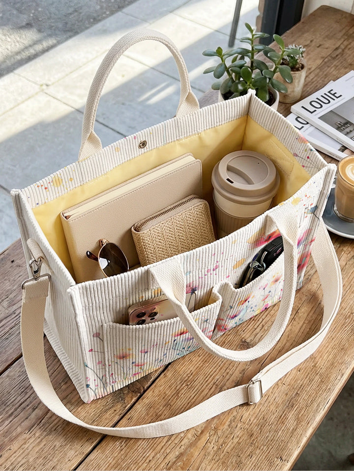 Sac à bandoulière en velours côtelé imprimé de fleurs sauvages en dégradé aquarelle grande capacité multi-poches amoureux de la nature
