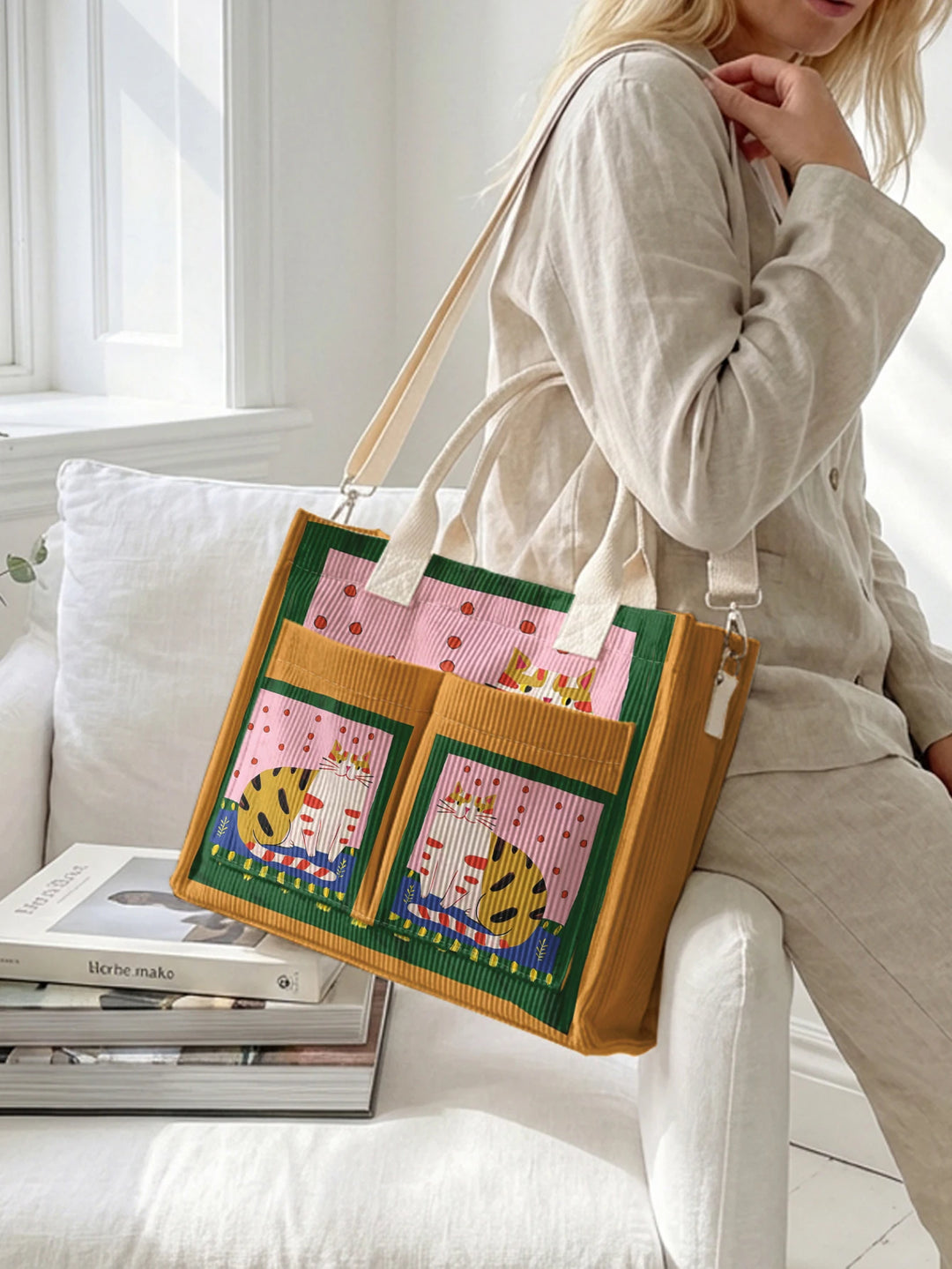 Sac fourre-tout en velours côtelé avec impression d'art populaire vintage - Grande capacité - Sac à plusieurs poches pour amoureux des chats - Sac à bandoulière pour le trajet