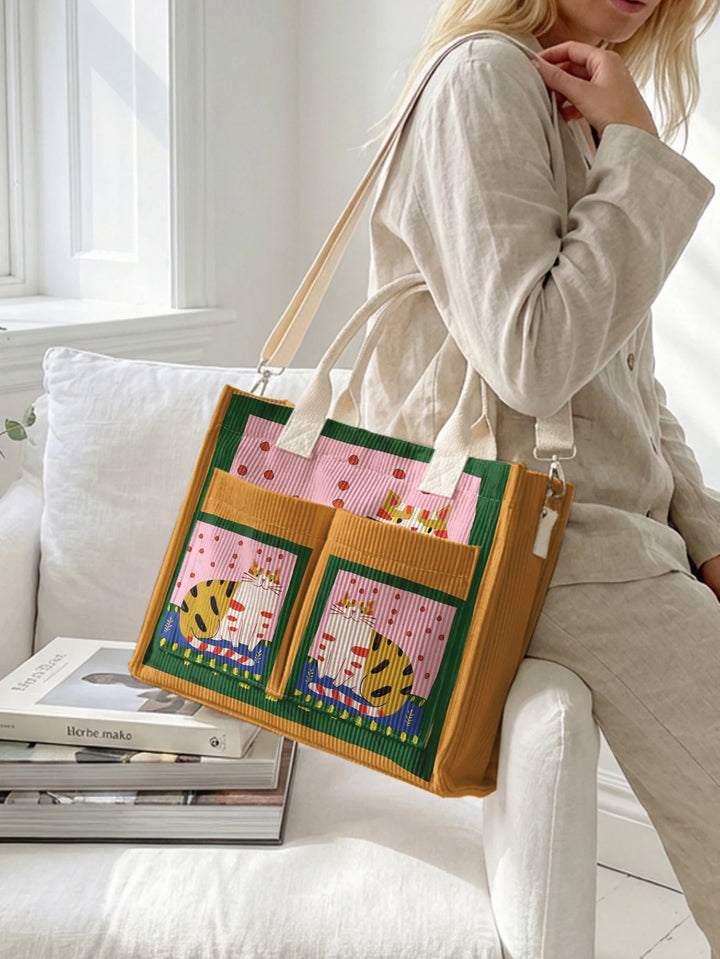 Sac fourre-tout en velours côtelé avec impression d'art populaire vintage - Grande capacité - Sac à plusieurs poches pour amoureux des chats - Sac à bandoulière pour le trajet