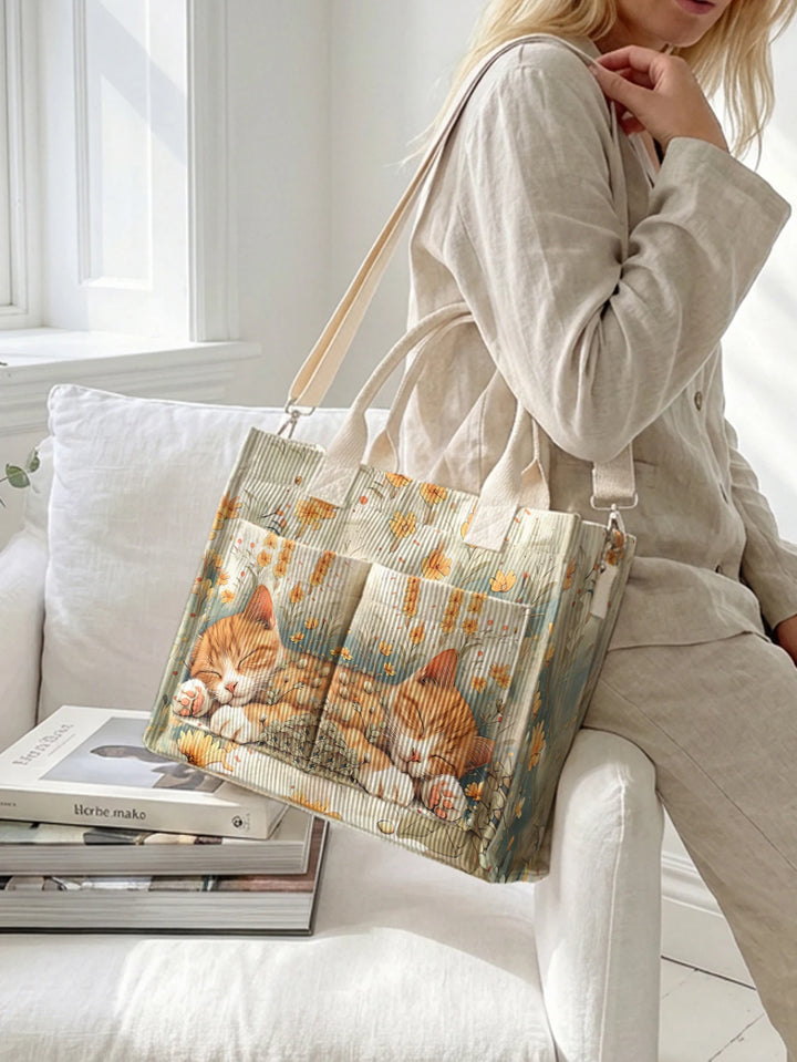 Sac à main en velours côtelé avec impression de fleurs de chat orange endormi, grand sac à bandoulière avec plusieurs poches