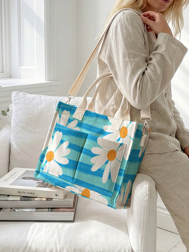 Sac en velours côtelé rayé bleu avec imprimé marguerites, grande capacité, plusieurs poches, sac à bandoulière pour les amoureux des fleurs