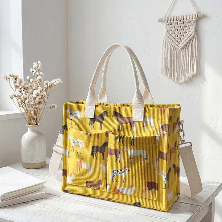 Sac en velours côtelé avec imprimé de chevaux, grande capacité, plusieurs poches, sac à bandoulière pour cavaliers et navetteurs