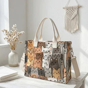 Tote bag en velours côtelé avec impression de chatons empilés, grande capacité, plusieurs poches, sac à bandoulière amovible