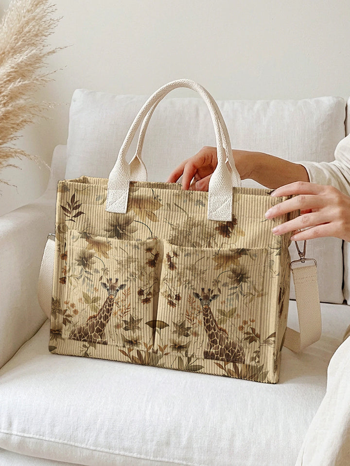 Sac en velours côtelé avec imprimé vintage de girafes et de fleurs botaniques, grande capacité et plusieurs poches pour les trajets domicile-travail