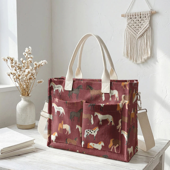 Sac en velours côtelé avec imprimé de chevaux, grande capacité, plusieurs poches, sac à bandoulière pour cavaliers et navetteurs