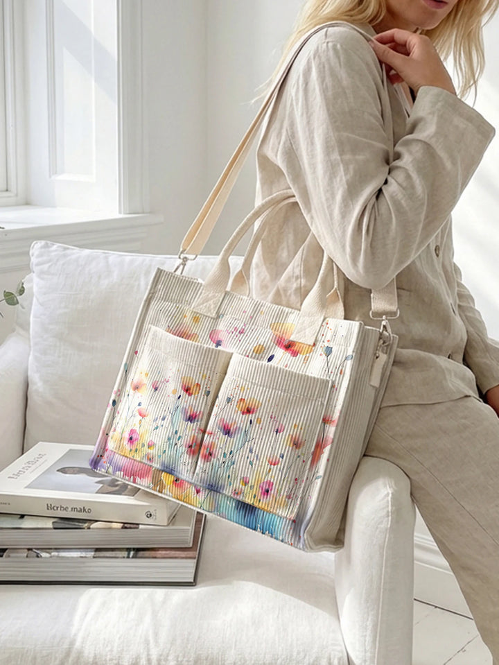 Sac à bandoulière en velours côtelé imprimé de fleurs sauvages en dégradé aquarelle grande capacité multi-poches amoureux de la nature