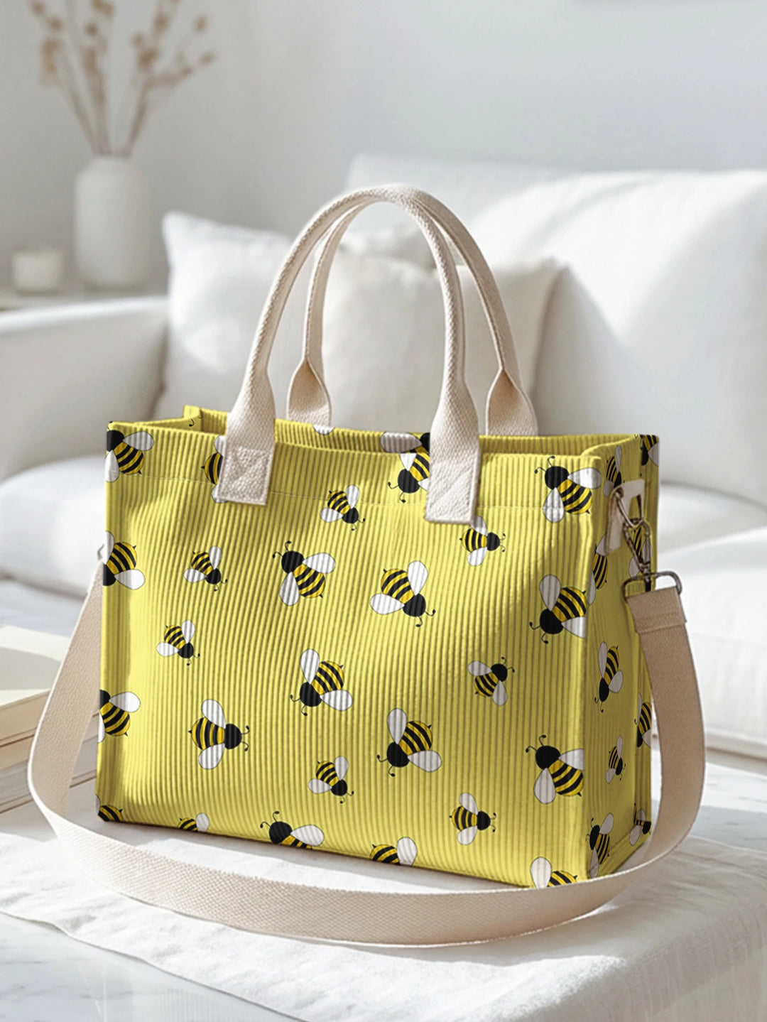 Sac en velours côtelé avec impression de bourdon, grande capacité, plusieurs poches, sac à bandoulière pour les amoureux des abeilles