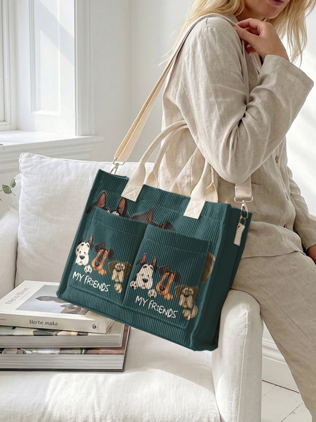 Sac fourre-tout en velours côtelé teal avec imprimé de chien cartoon Grande capacité Sac à bandoulière de transport avec plusieurs poches