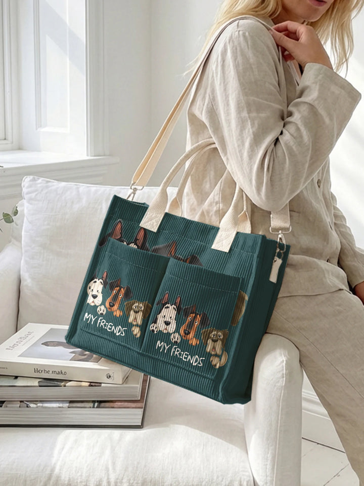 Sac fourre-tout en velours côtelé teal avec imprimé de chien cartoon Grande capacité Sac à bandoulière de transport avec plusieurs poches