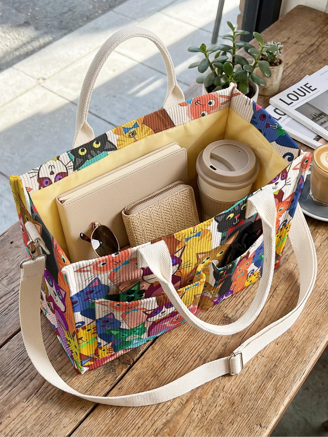 Sac à bandoulière en velours côtelé avec impression de chats colorés, grande capacité, multi-poches pour les amoureux des chats