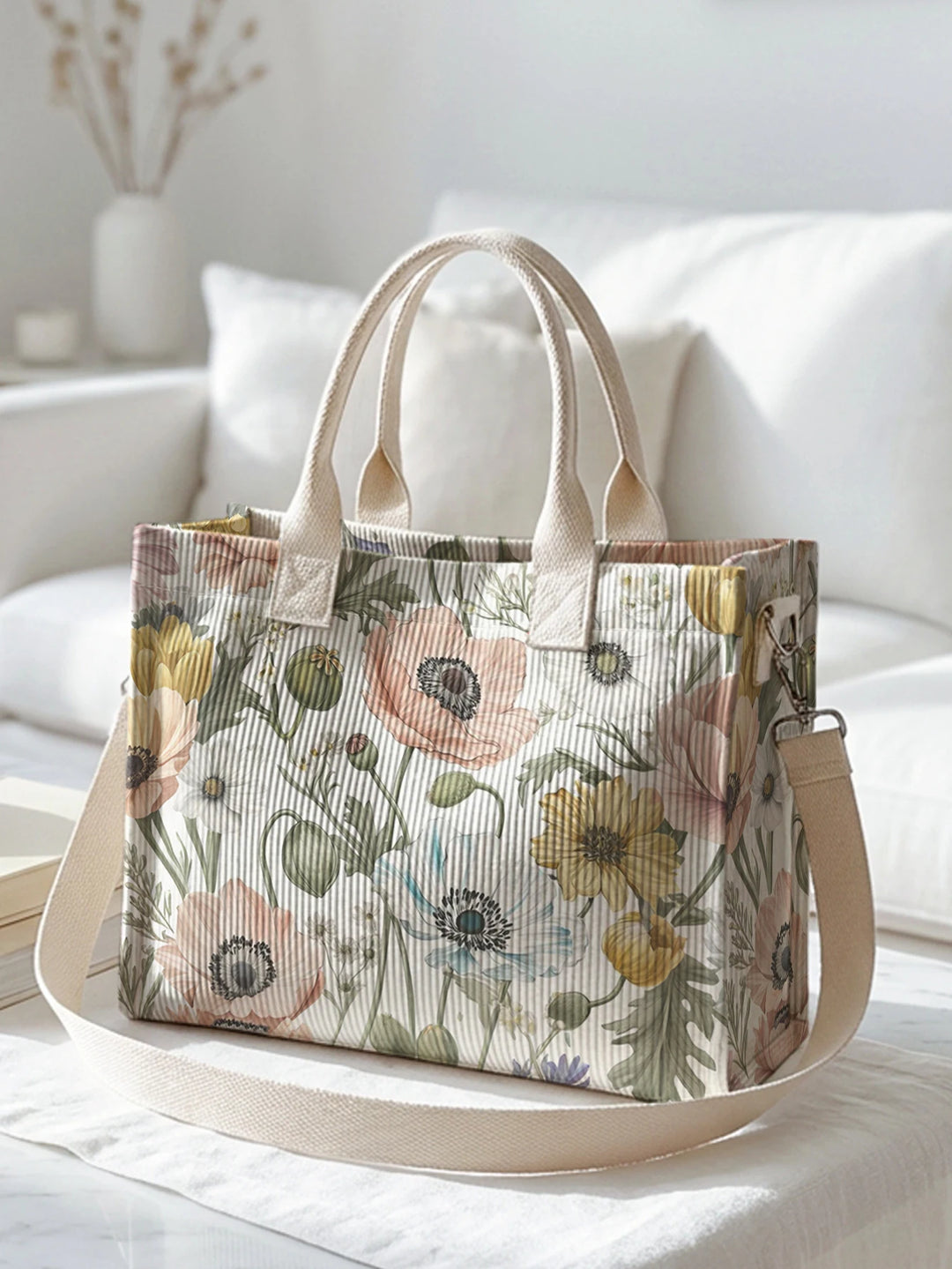 Sac à bandoulière en velours côtelé avec impression de fleurs d'anémone aquarelle vintage, grande capacité, multi-poches, pour les amoureux de la nature, sac de transport