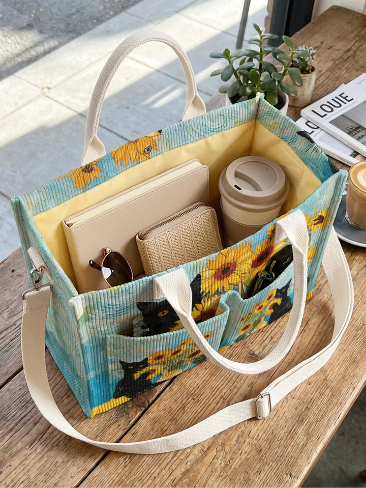 Impression Art Van Gogh Tournesol & Chat Noir Sac Tote en Corduroy Grande Capacité Multi Poche Amoureux des Chats Sac à Bandoulière