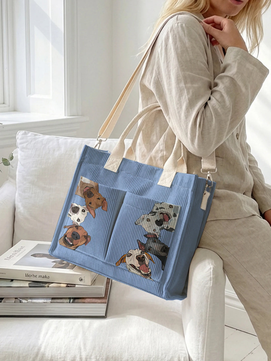 Sac à dos en velours côtelé avec imprimé de races de chiens mixtes, grande capacité, plusieurs poches, sac à bandoulière pour les amoureux des chiens