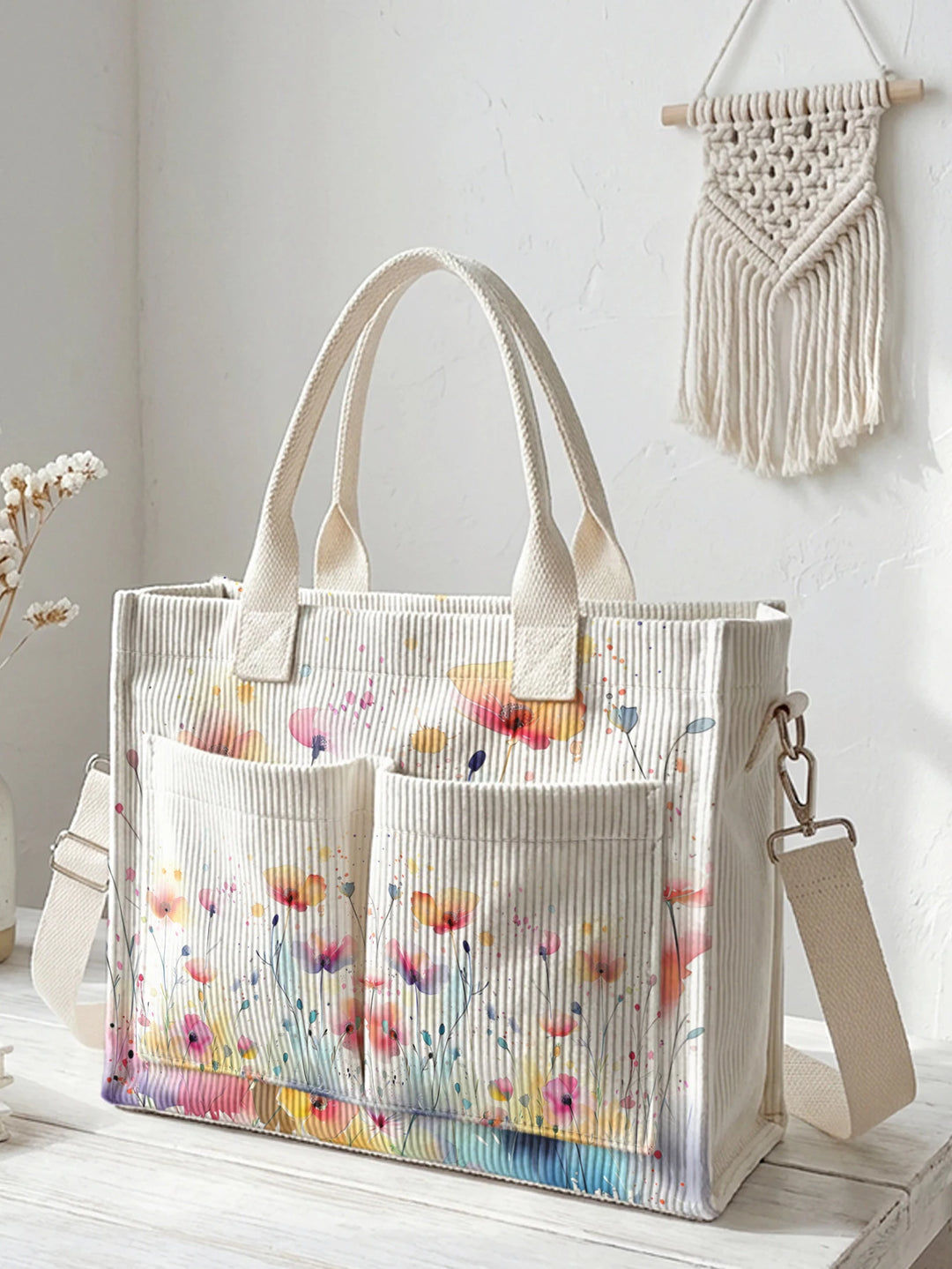 Sac à bandoulière en velours côtelé imprimé de fleurs sauvages en dégradé aquarelle grande capacité multi-poches amoureux de la nature