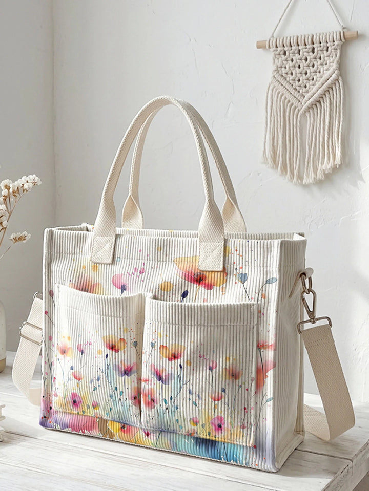 Sac à bandoulière en velours côtelé imprimé de fleurs sauvages en dégradé aquarelle grande capacité multi-poches amoureux de la nature