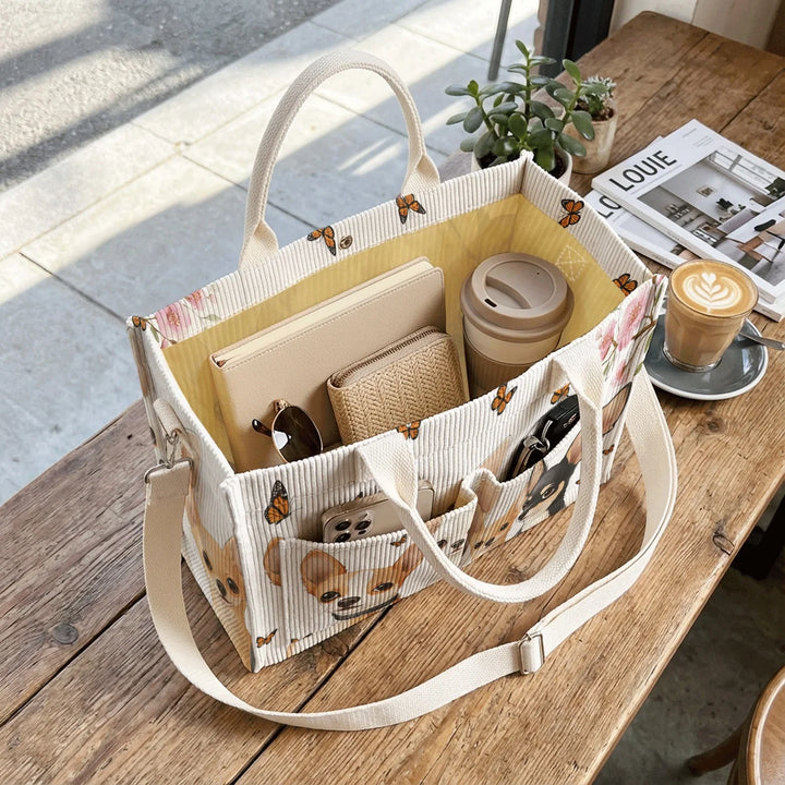 Sac en velours côtelé avec imprimé chihuahua et papillon, grande capacité, plusieurs poches, sac à bandoulière amovible