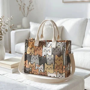 Tote bag en velours côtelé avec impression de chatons empilés, grande capacité, plusieurs poches, sac à bandoulière amovible