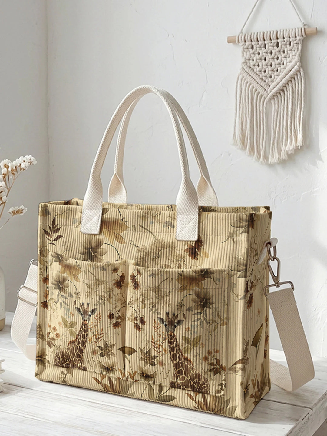 Sac en velours côtelé avec imprimé vintage de girafes et de fleurs botaniques, grande capacité et plusieurs poches pour les trajets domicile-travail
