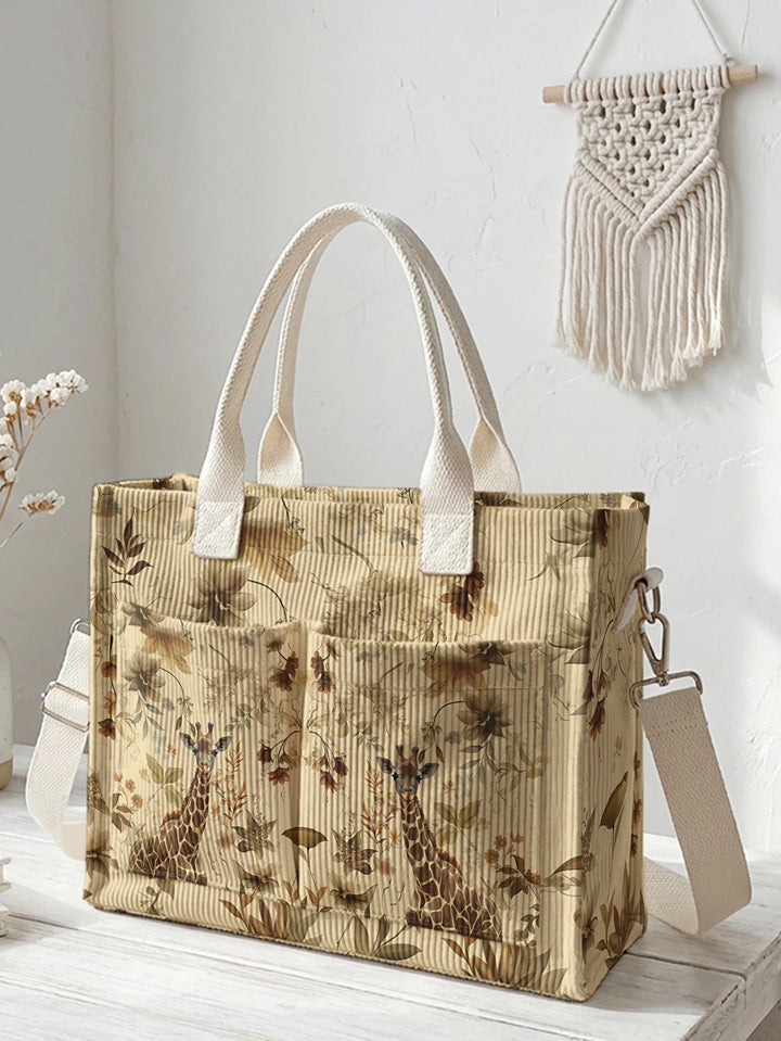 Sac en velours côtelé avec imprimé vintage de girafes et de fleurs botaniques, grande capacité et plusieurs poches pour les trajets domicile-travail