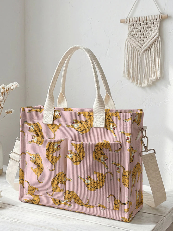Sac à main en velours côtelé rose avec imprimé tigre, grande capacité, plusieurs poches, amoureux des animaux, sac à bandoulière pour le travail