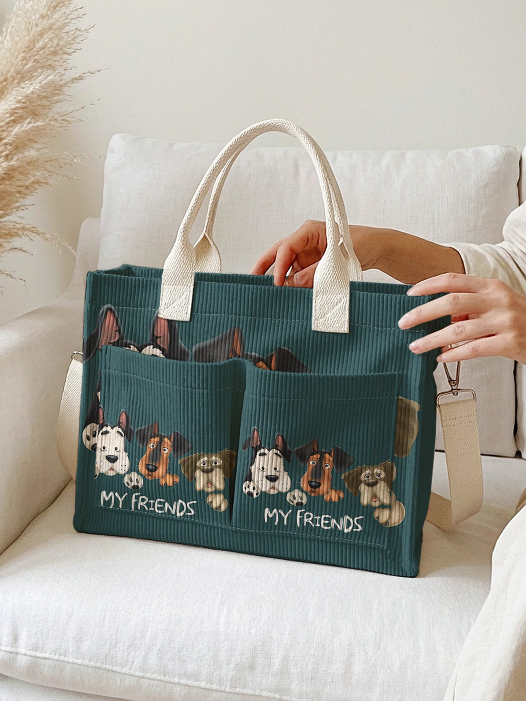 Sac fourre-tout en velours côtelé teal avec imprimé de chien cartoon Grande capacité Sac à bandoulière de transport avec plusieurs poches
