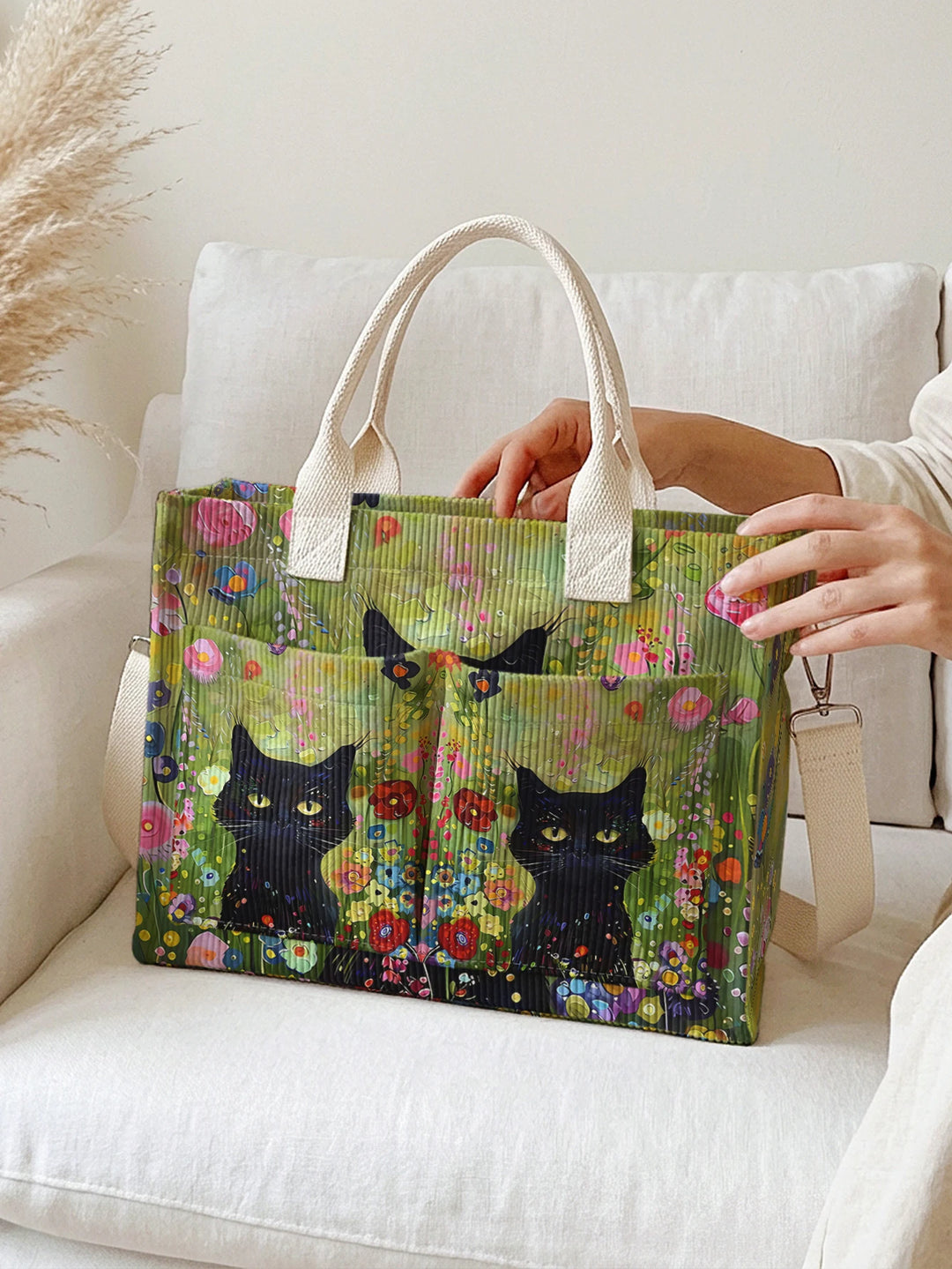 Sac à main en velours côtelé avec impression de chats noirs, jardin de fleurs colorées, grande capacité, sac à bandoulière multi-poches pour les amoureux des chats