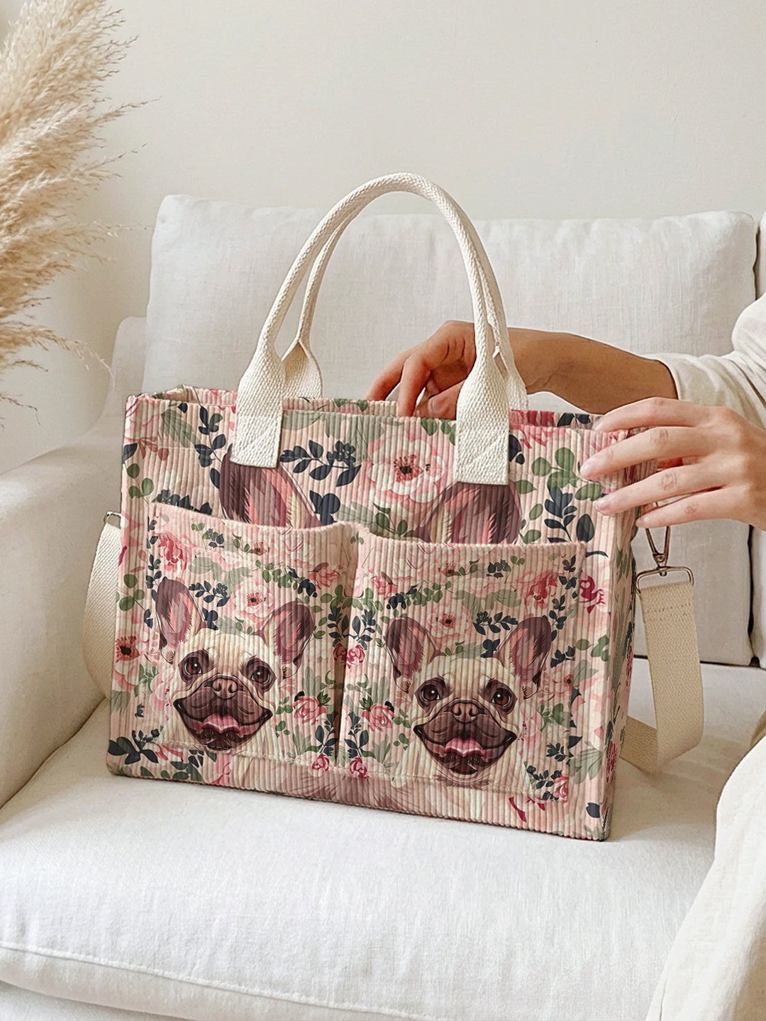 Sac en velours côtelé avec imprimé de bulldog français, grande capacité, plusieurs poches, sac à bandoulière pour les amoureux des chiens