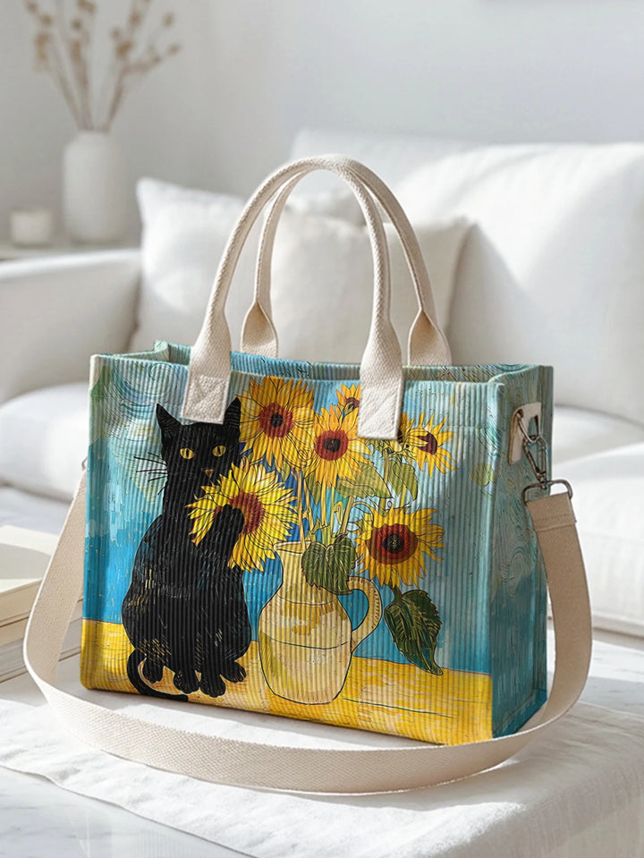 Impression Art Van Gogh Tournesol & Chat Noir Sac Tote en Corduroy Grande Capacité Multi Poche Amoureux des Chats Sac à Bandoulière