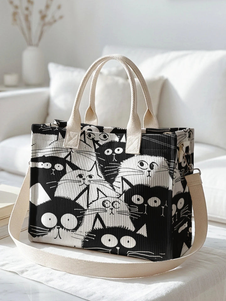 Sac à bandoulière en velours côtelé avec impression de chats en cartoon noir et blanc, grande capacité et plusieurs poches pour les amoureux des chats, sac pour le travail