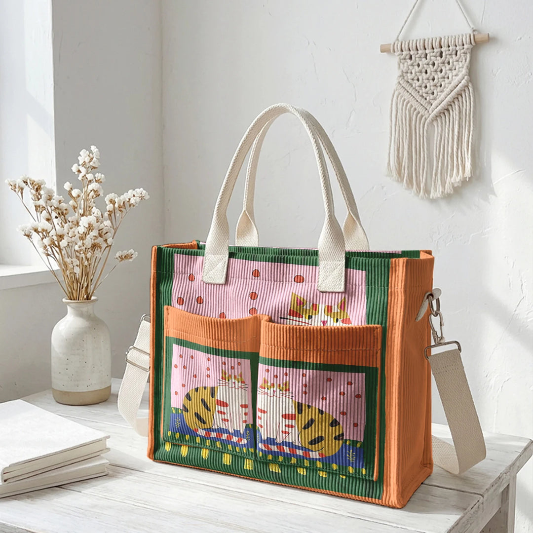 Sac fourre-tout en velours côtelé avec impression d'art populaire vintage - Grande capacité - Sac à plusieurs poches pour amoureux des chats - Sac à bandoulière pour le trajet