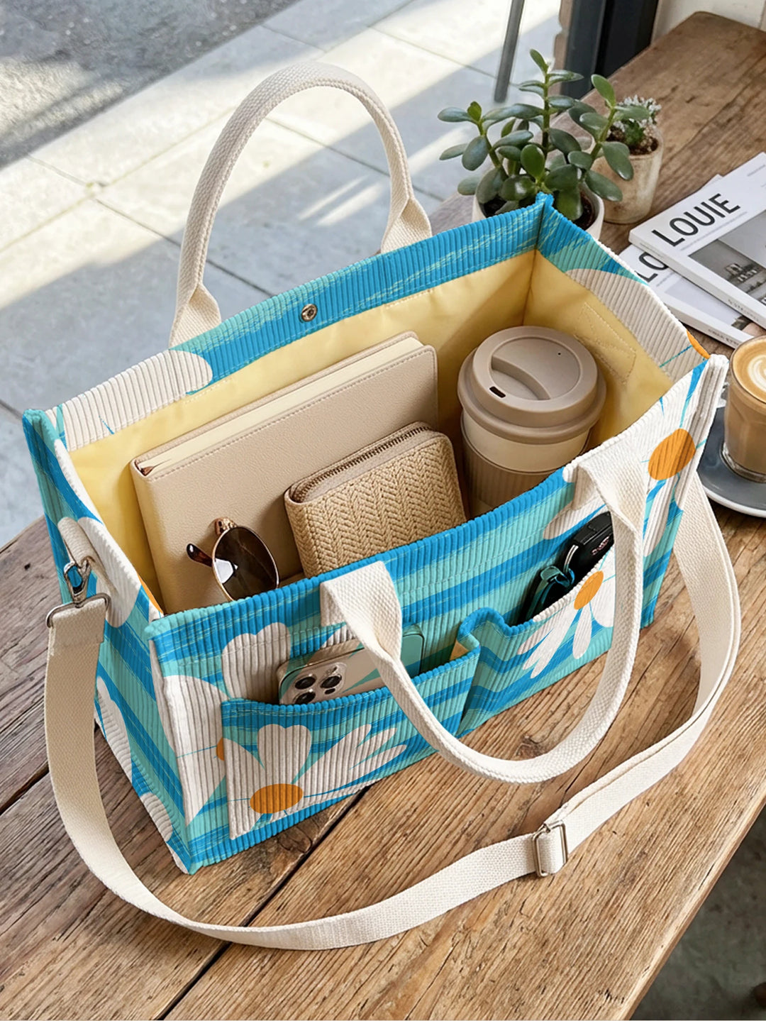 Sac en velours côtelé rayé bleu avec imprimé marguerites, grande capacité, plusieurs poches, sac à bandoulière pour les amoureux des fleurs