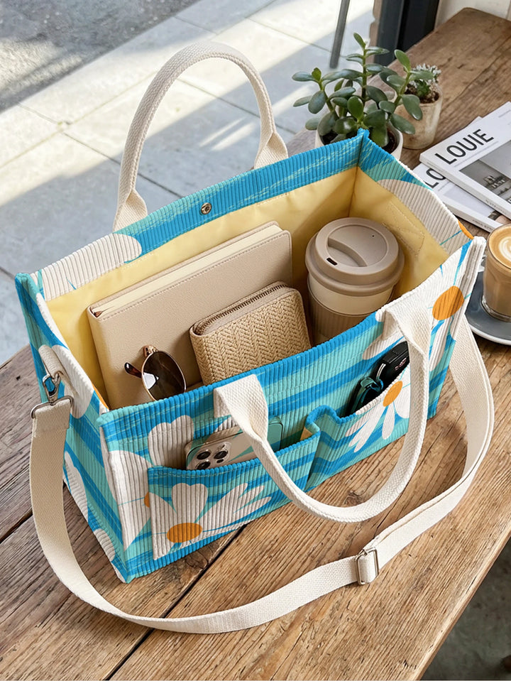 Sac en velours côtelé rayé bleu avec imprimé marguerites, grande capacité, plusieurs poches, sac à bandoulière pour les amoureux des fleurs