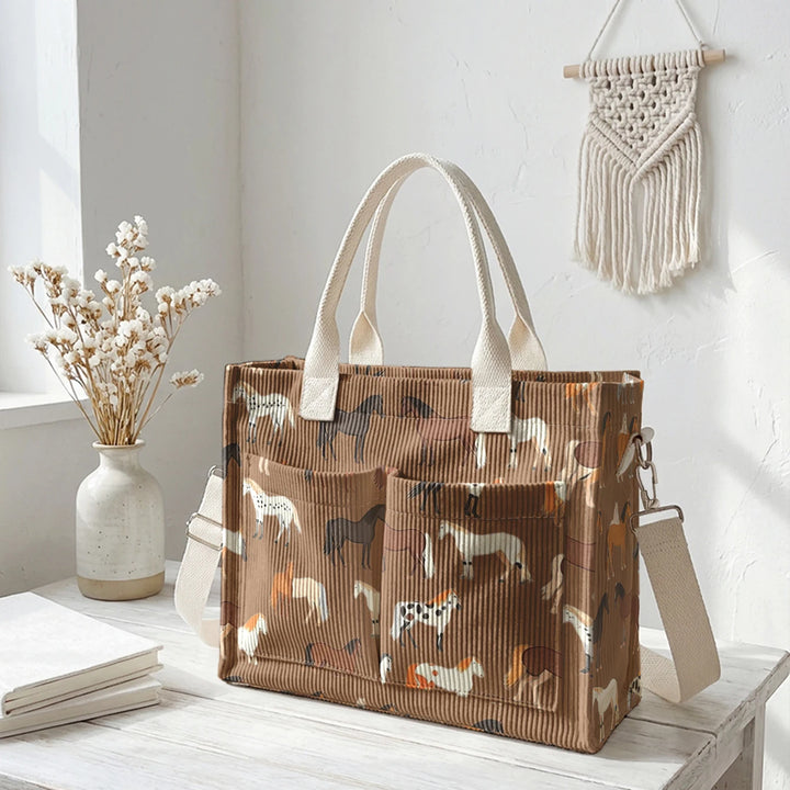 Sac en velours côtelé avec imprimé de chevaux, grande capacité, plusieurs poches, sac à bandoulière pour cavaliers et navetteurs