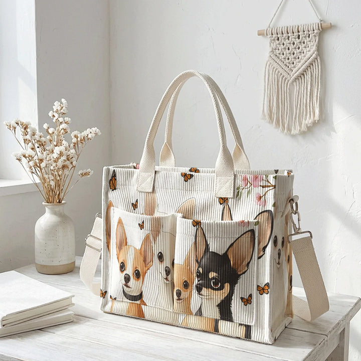 Sac en velours côtelé avec imprimé chihuahua et papillon, grande capacité, plusieurs poches, sac à bandoulière amovible