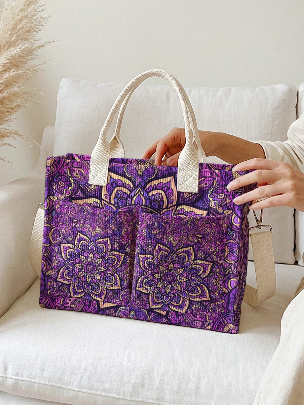 Sac à dos en velours côtelé avec imprimé mandala violet, grande capacité et plusieurs poches, sac à bandoulière pour les trajets domicile-travail