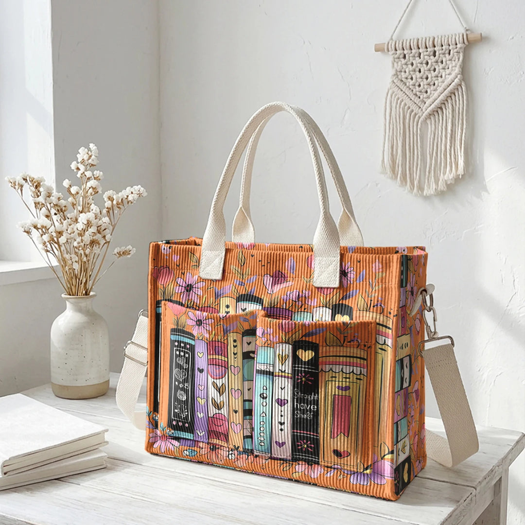 Sac à bandoulière en velours côtelé avec impression de livres et de fleurs, grande capacité, sac à main avec plusieurs poches