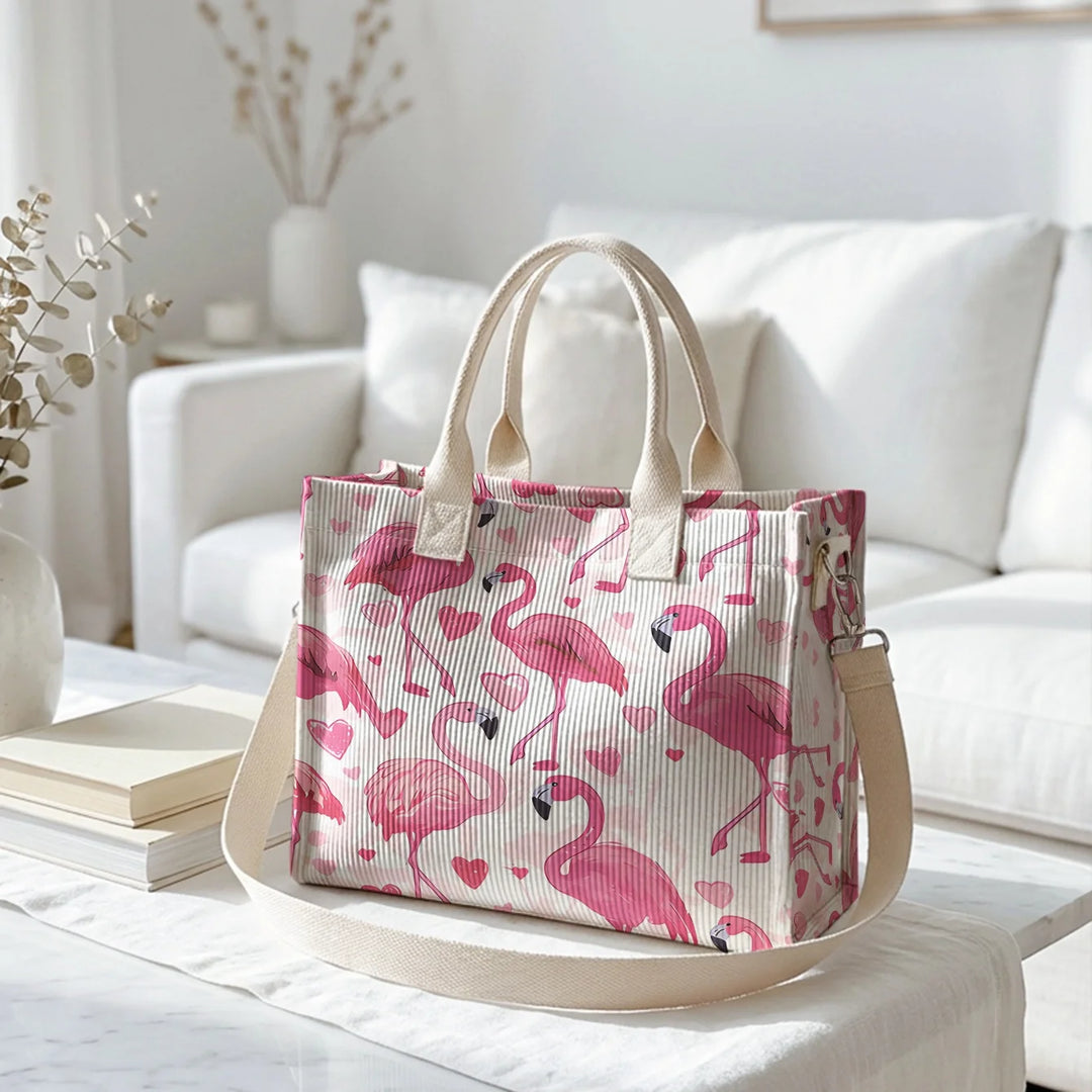 Sac à main en velours côtelé imprimé Flamant Rose & Cœur Grande capacité Multi Poche sac bandoulière amovible