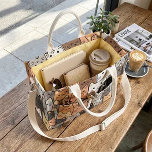 Tote bag en velours côtelé avec impression de chatons empilés, grande capacité, plusieurs poches, sac à bandoulière amovible