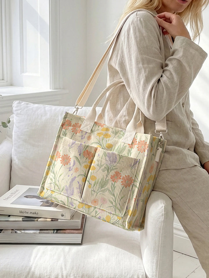 Sac fourre-tout en velours côtelé imprimé de marguerite sauvage Lavande Grande capacité Sac à bandoulière de commutateur avec plusieurs poches