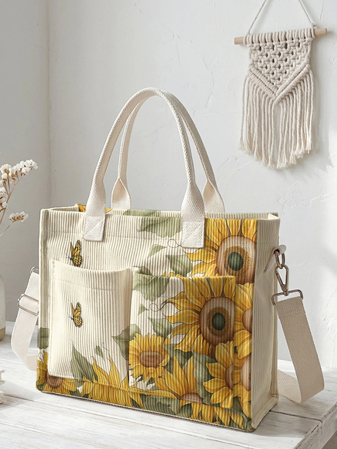 Sac en velours côtelé vintage avec impression de tournesol et de papillon, grande capacité, sac à bandoulière avec plusieurs poches