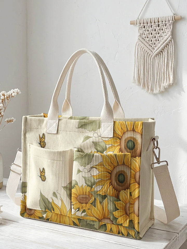 Sac en velours côtelé vintage avec impression de tournesol et de papillon, grande capacité, sac à bandoulière avec plusieurs poches