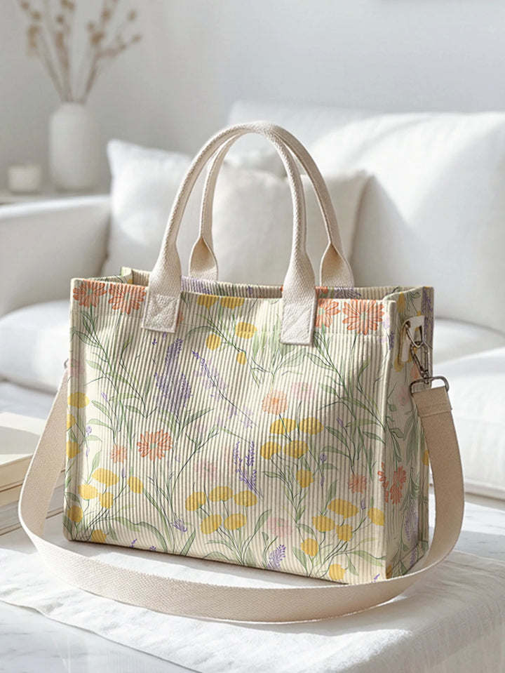 Sac fourre-tout en velours côtelé imprimé de marguerite sauvage Lavande Grande capacité Sac à bandoulière de commutateur avec plusieurs poches