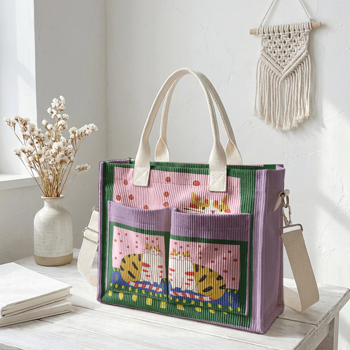 Sac fourre-tout en velours côtelé avec impression d'art populaire vintage - Grande capacité - Sac à plusieurs poches pour amoureux des chats - Sac à bandoulière pour le trajet