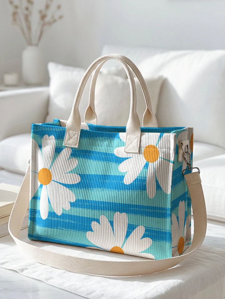 Sac en velours côtelé rayé bleu avec imprimé marguerites, grande capacité, plusieurs poches, sac à bandoulière pour les amoureux des fleurs